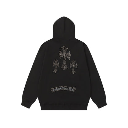 Chrome Hearts Rhinestone Cross Hoodie - Black Gothic Streetwear Sweatshirt 2633
